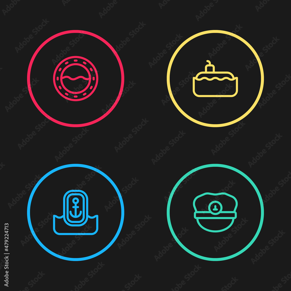 Set line Location with anchor, Captain hat, Submarine and Ship porthole icon. Vector