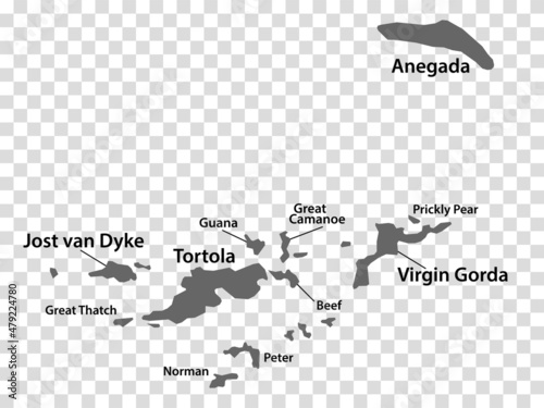 Blank map British Virgin Islands in gray. Every Island map is with titles. High quality map of  British Virgin Islands on transparent background for your  design.  Caribbean. EPS10.