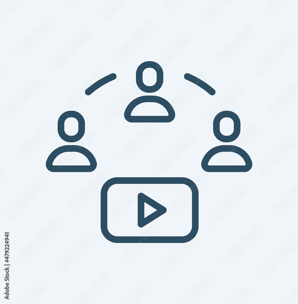people and play button icon isolated. Video conference and online meeting concept. Distance work and learning. Vector illustration. Laptop, computer, smartphone, chatting, conferencing people and play button icon isolated. Video conference and online meeting concept. Distance work and learning. Vector illustration. Laptop, computer, smartphone, chatting, conferencing