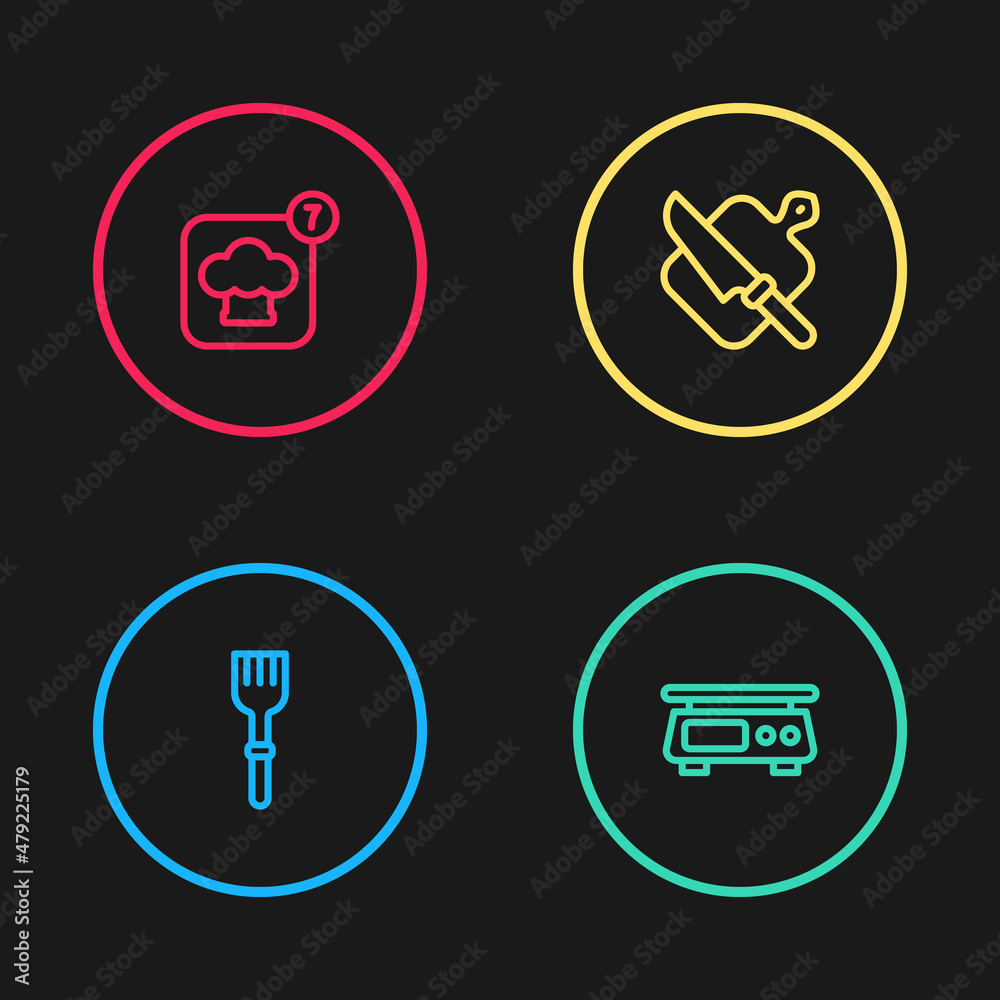 Set line Fork, Electronic scales, Cutting board and knife and Chef hat icon. Vector