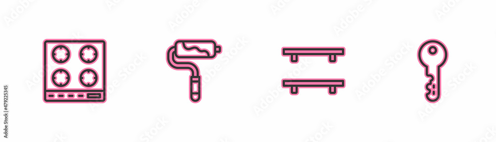 Set line Gas stove, Empty wooden shelves, Paint roller brush and House key icon. Vector