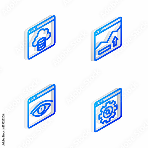 Set Isometric line Financial growth increase, Cloud technology data transfer, Browser incognito window and setting icon. Vector