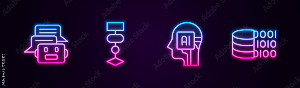 Set line Chat bot, Algorithm, Humanoid robot and Binary code. Glowing neon icon. Vector