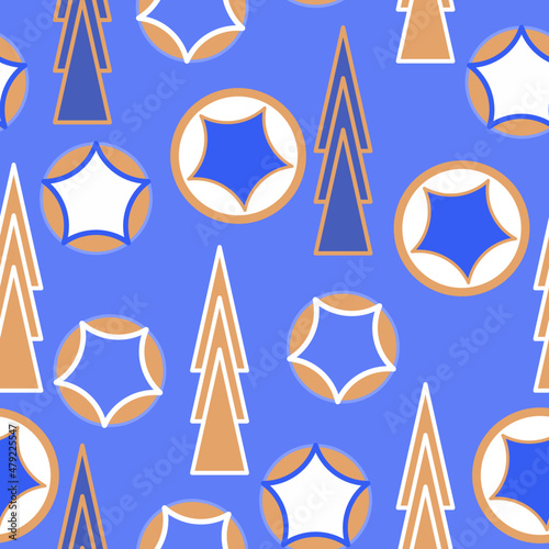 Abstract seamless pattern of geometric elements in yellow and blue shades on a blue background for textiles.