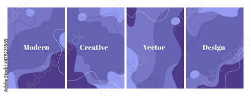 Set of stylish templates with organic abstract shapes and line in very peri color. Contemporary background in minimalist style. Vector Illustration