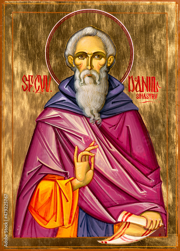 Traditional icon of Danil Sihastru or Pious Daniil painted in the orthodox style, tempera and gold leaf on wood panel.