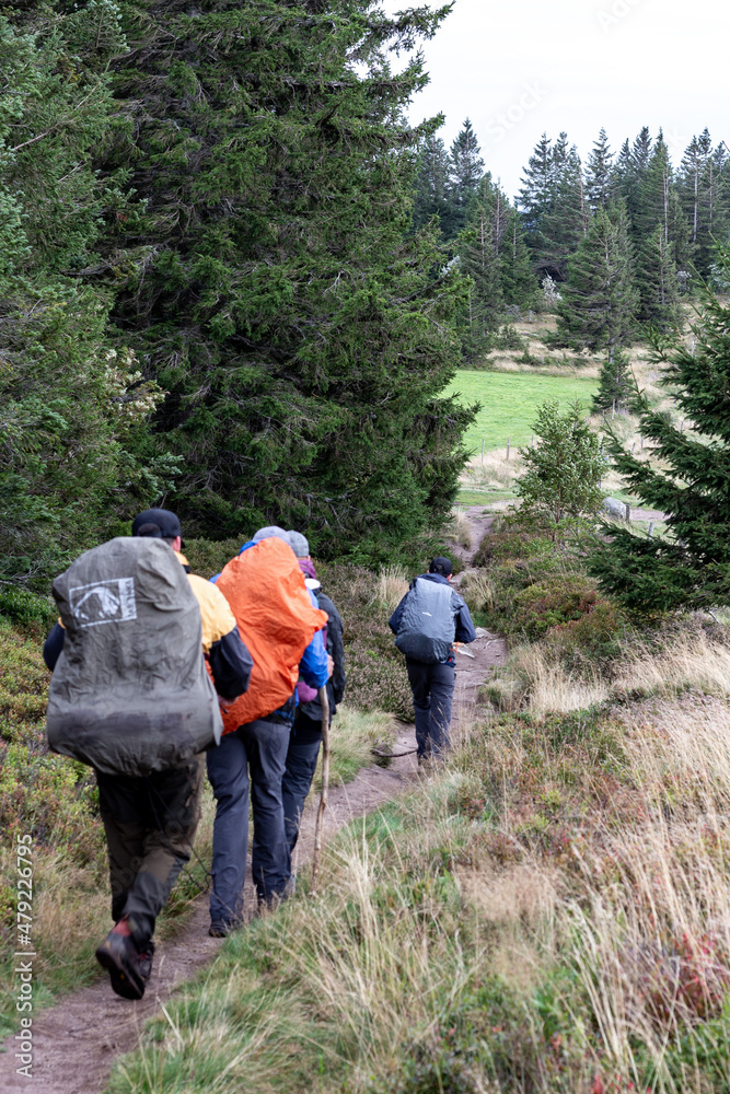 Hikers with huge backpacks on a foggy day in Vosges, France