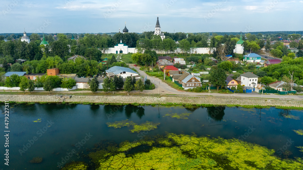 Top view of a scenic view from a drone on the city of Aleksandrov, one of the oldest cities in the Moscow region, Aleksandrovskaya Sloboda (Alexander Kremlin) - the residence of Tsar Ivan the Terrible
