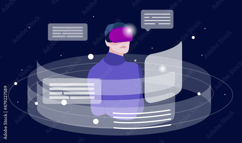 Man in VR headset exploring digital interface and working with data ...