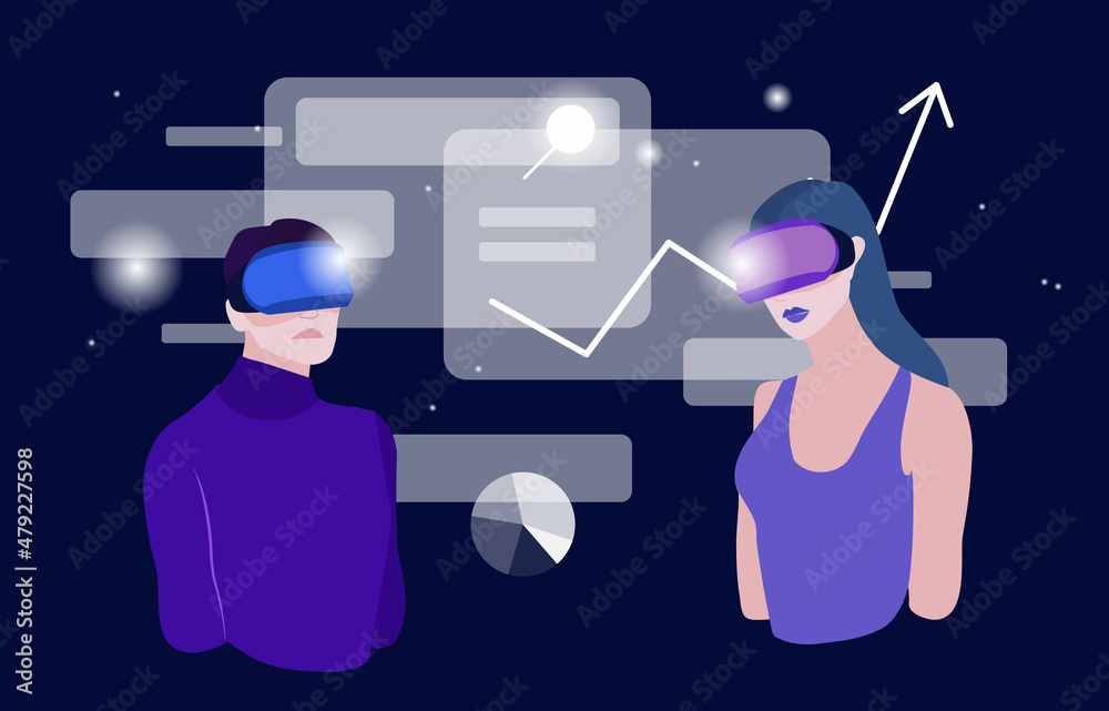 Woman and man in VR headset searching and working with big data ...
