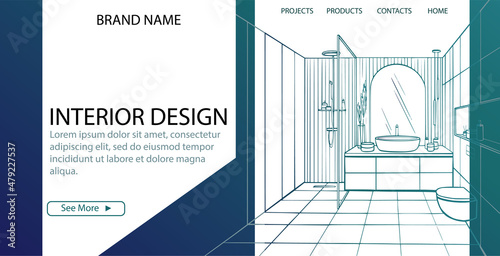 Sketch of bathroom on banner landing page. Drawing interior design furniture and plumbing modern washroom and water closet. Vector illustration.