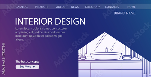 Interior design landing page. Sketch of bathroom furniture and plumbing. Hand drawn vector illustration of sink and faucet.
