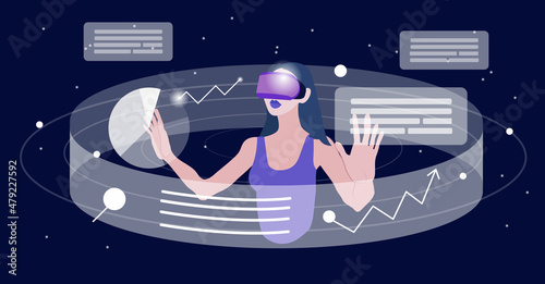 Woman in VR headset exploring digital interface and working with data. Concept of virtual or augmented reality, interactive experience. Modern flat vector illustration.