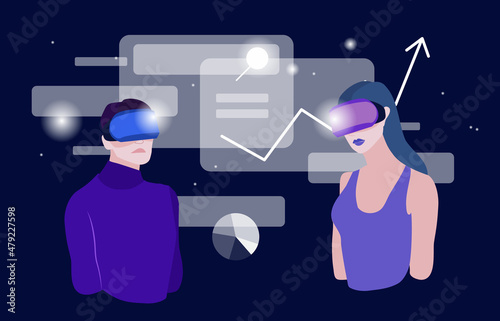 Woman and man in VR headset searching and working with big data. Concept of virtual or augmented reality with graphics. Modern flat vector illustration.