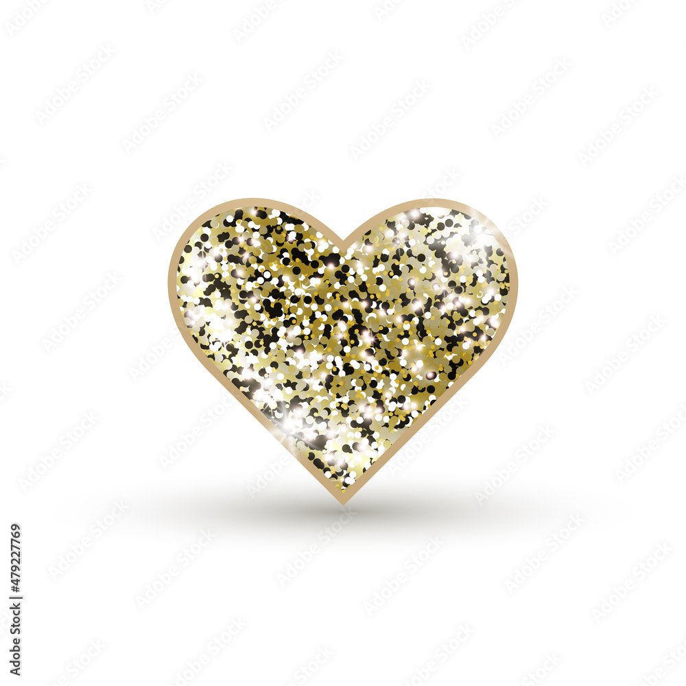 Fototapeta premium 3d icon heart with golden glitter isolated on white background. Shining volumetric heart casts a shadow. Vector illustration