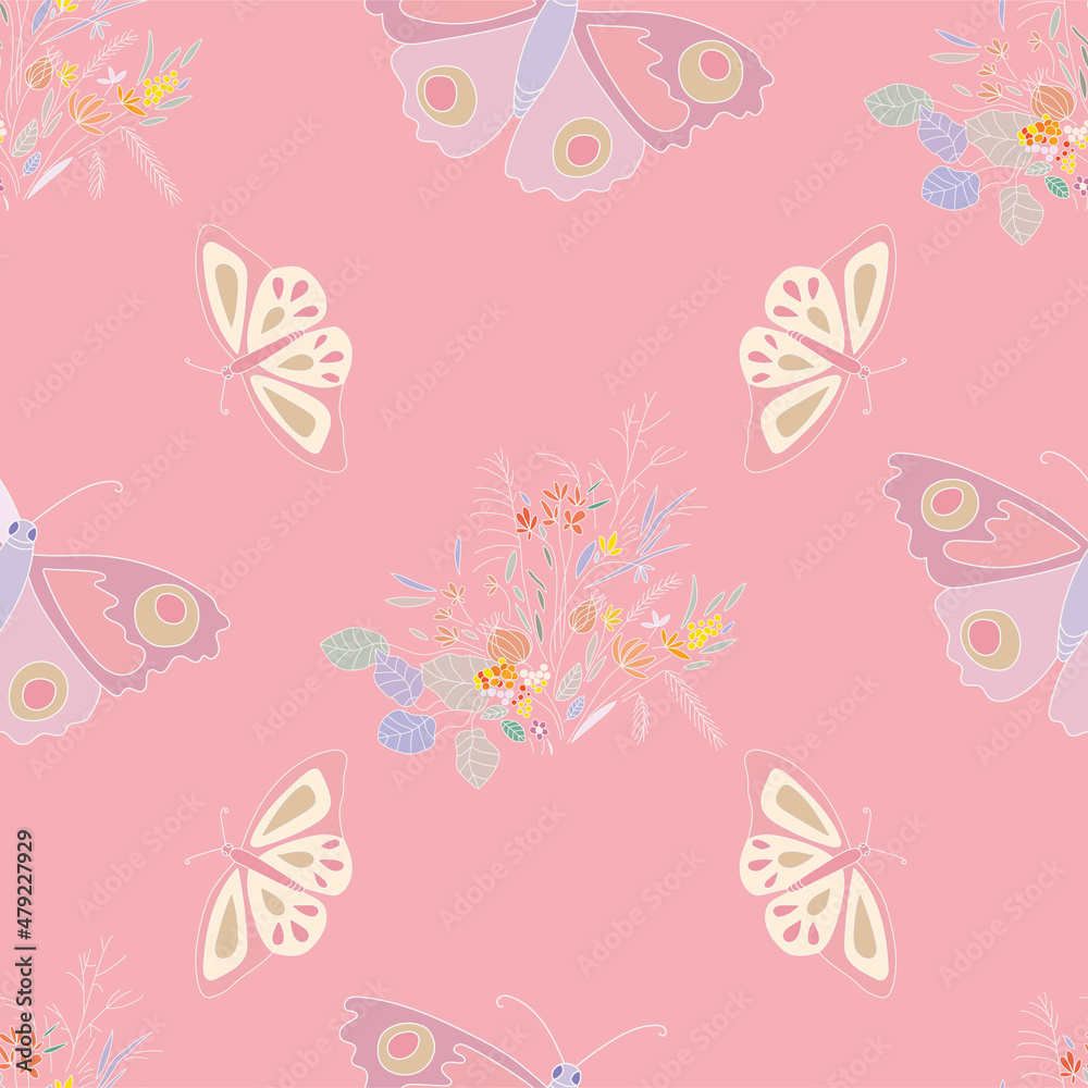 Pastel seamless pattern with butterfly and flowers on pink background. Pastel seamless pattern with butterfly and flowers on pink background.