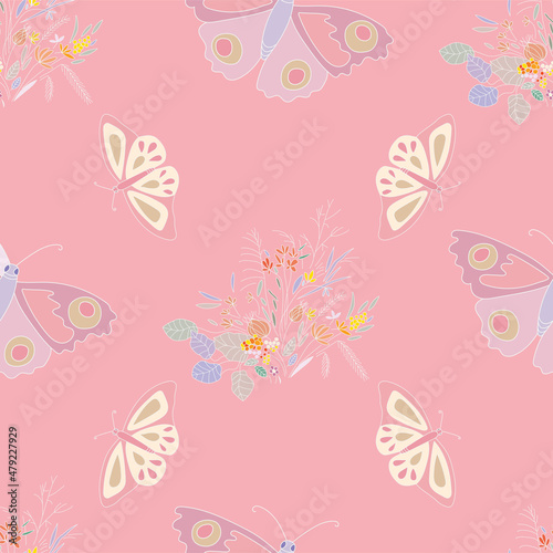 Pastel seamless pattern with butterfly and flowers on pink background.