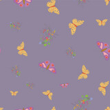Seamless pattern with butterfly and flowers on purple background.
