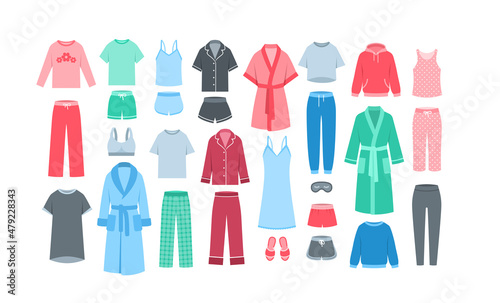 Women home clothes. Flat vector illustration. Comfy loungewear and sleepwear garments to wear at home and at bed. Different pants  shirts  shorts  pajamas  bathrobes  sweatshirts  sweatpants  slippers
