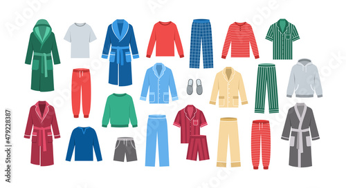 Men home clothes. Flat vector illustration. Comfortable lounge wear  sleepwear garments to wear at home  at bed. Different pants  shirts  shorts  pajamas  bathrobes  sweatshirts  sweatpants  slippers