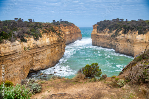 Aerial view of the Loch Ard Gorge area with limestone stacks, Australia.