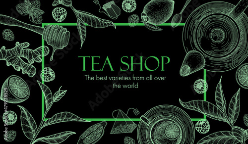 Vector illustration of a black and green banner template for a tea shop. Graphic linear teapot, tea cup, spoon, raspberry, ginger, tea bags, honey, mint, tea leaves, lemon