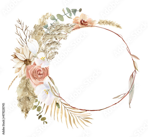Watercolor boho wreaths. Hand-drawn bohemian arrangement. Dry palm leaves, roses, dried herbs and flowers. pampas grass. for cards, holiday posters, stickers, scrapbooking, wedding invitations