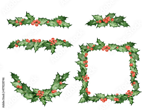Holly wreaths, festive green wreaths, red berries and green leaves. New Year elements. Green frames Elements for design. For cards, wedding invitations, posters, scrapbooking