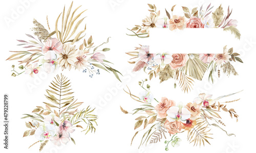 Watercolor boho wreaths. Hand-drawn bohemian arrangement. Dry palm leaves, roses, dried herbs and flowers. pampas grass. for cards, holiday posters, stickers, scrapbooking, wedding invitations © Yevheniia Poli