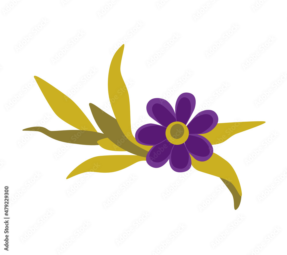 Fototapeta premium Vector illustration of purple flower with green leaves on a white background. Designer floral template for postcards, fabric, printing.
