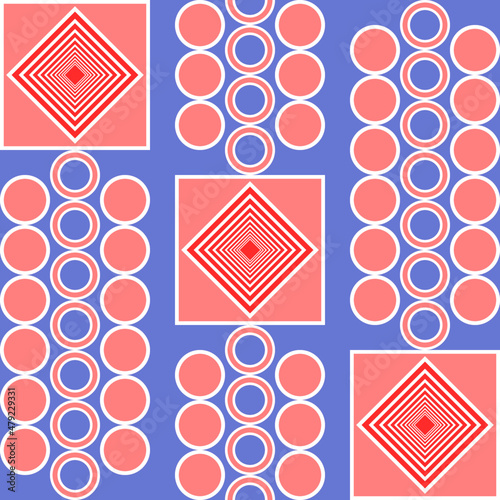 Geometric pattern of red circles, rings and squares on a blue background.