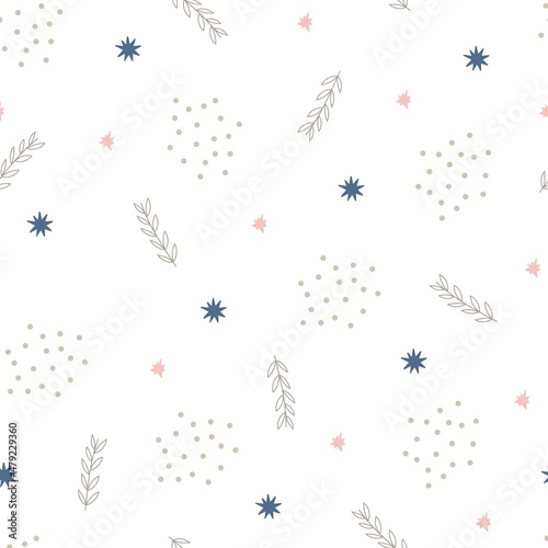 Lovely baby shower starry sky polka dot seamless pattern vector illustration, hand drawn stars in random chaotic order, sweet dreams children funny simple image for textile, gift paper