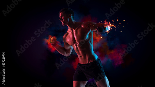 Boxing concept. Sportsman muay thai boxer fighting in gloves. Isolated on neon background. Copy Space.
