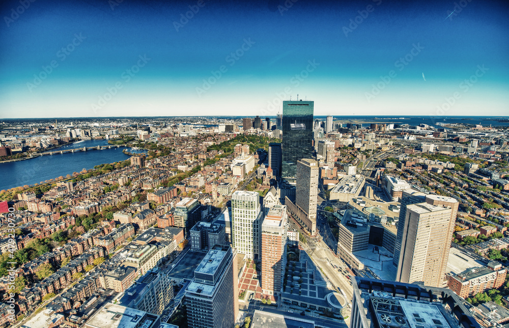 Boston aerial skyline, Massachussetts. City skyscrapers on a beautiful autumn day