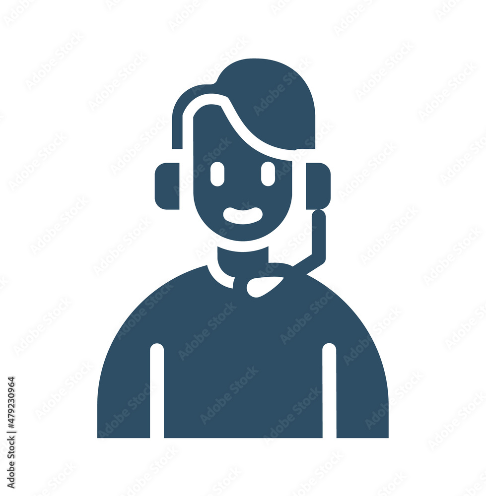 Care Service and Support Icon - Flat Vector Person Avatar With Headphone for Helpline in Glyph Pictogram Symbol illustration.