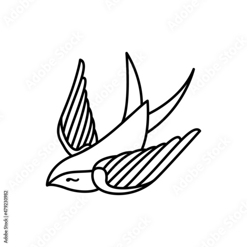 linear illustration of swallow tattoo in the old school style. Vector illustration