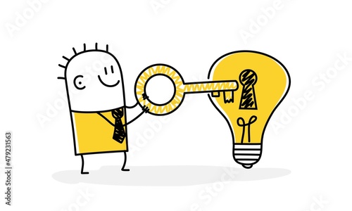 Smart stickman holding golden key. Business idea, invent new product.