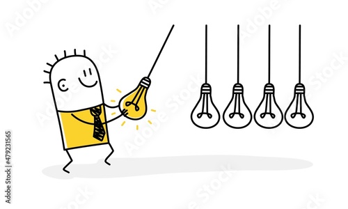 Stickman, businessman manager pull bright lightbulb as pendulum to transfer knowledge.