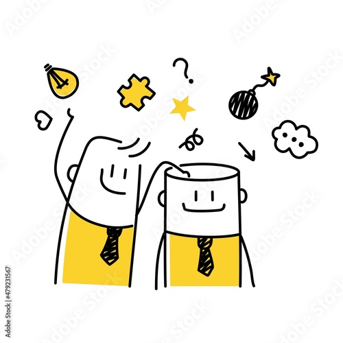 Stickman, businessman puts things in order in his head. Clear your brain concept.