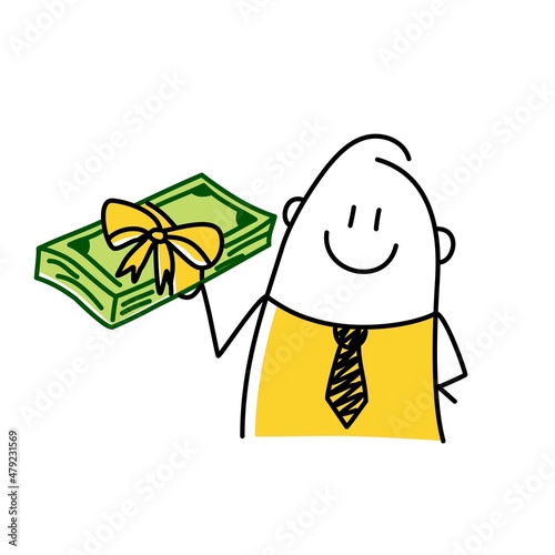 Stickman, businessman giving banknotes cash with reward ribbon.