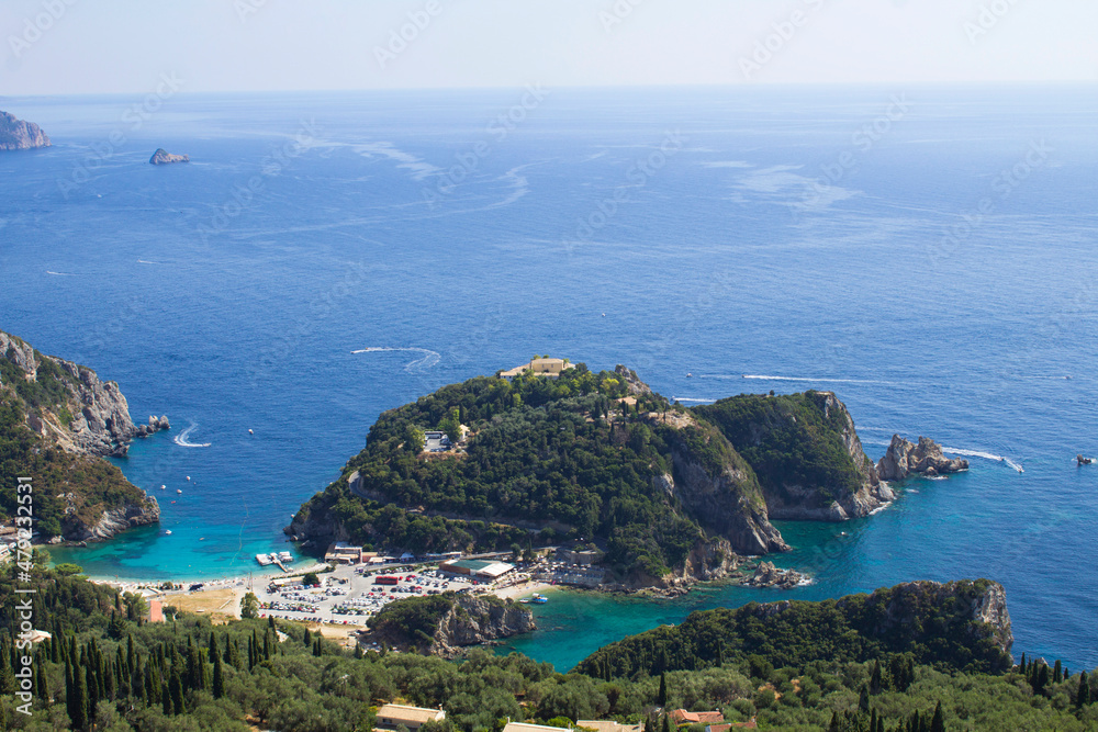 Panoramic view of the sea and coast on the summer day. Corfu. Greece.
