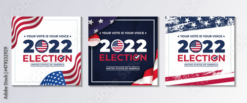 set of square illustration vector graphic of united states flag, election and year 2022 perfect for election day in united states, united states flag photo