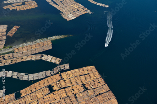 Log booms, Chemainus. Vancouver Island aerial photography, British Columbia, Canada. photo