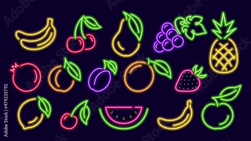 Neon glowing fruits one line collection. Ripe red pomegranate with slice of watermelon and sprig of cherries. Yellow banana with bunch of blue grapes. Digital design for nightlife vector signage