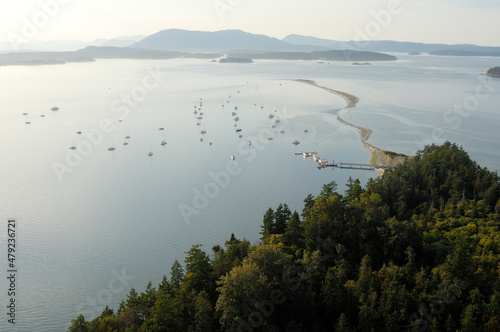 Aerial photograph of the anchorage at Sidney Spit, Gulf Islands National Park Reserve of Canada, Sidney Island, British Columbia.