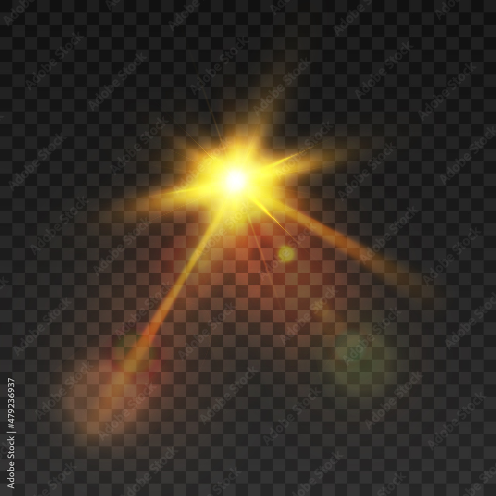 Bright yellow light effect with rays and many small particles for vector illustration.	
