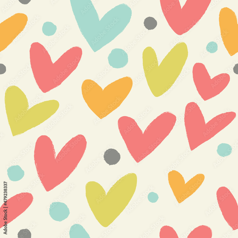 Seamless pattern with hand drawn heart. Hearts painted dry brush. Ink illustration. Ornament for wrapping paper.