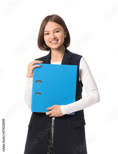 Beautiful young woman with folder on white background