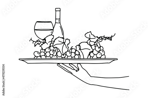 A hand with tray, wine. Restaurant serving. Outline doodle drawing. Draw icon. Vector illustration
