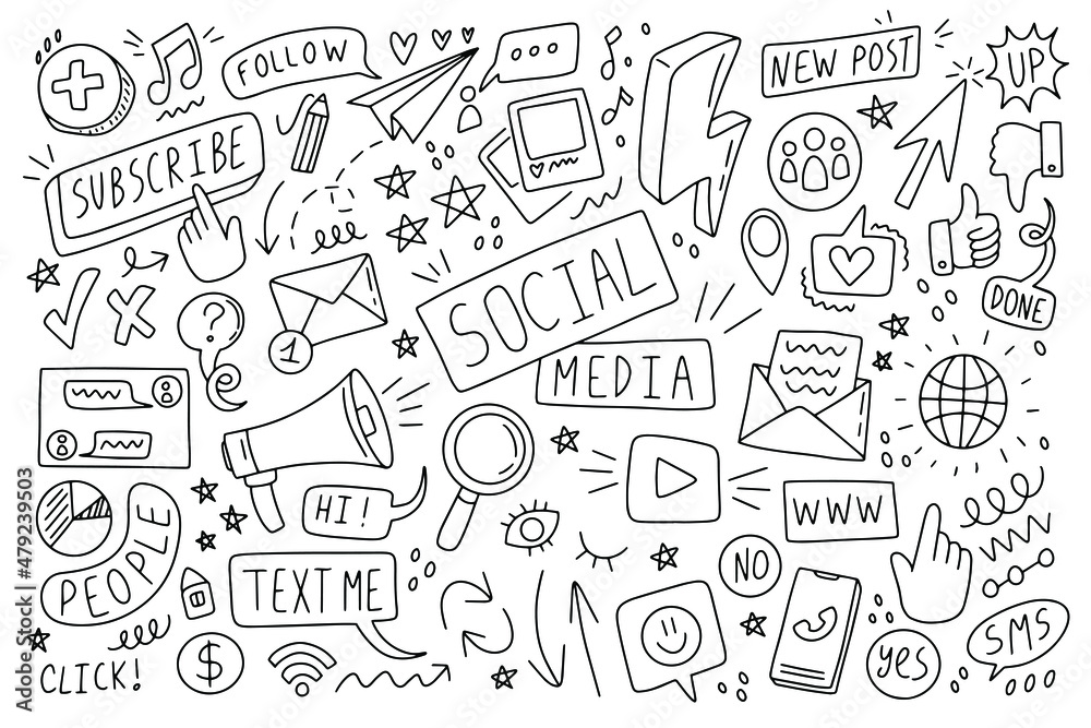 Outline social media doodle. Simple draw sketch set. for Messenger Outline social media doodle. Simple draw sketch set. for Messenger